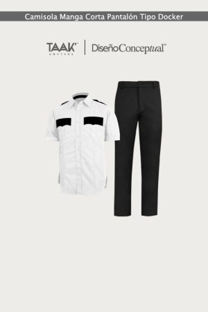 Uniforme de Seguridad: Camisola Blanca con Detalles Negros y Pantalón Tipo Docker Negro por Taak-Couture