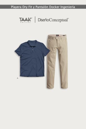 Uniformes para Ingeniería: Playera Dry Fit Azul Marino y Pantalón Docker Color Arena en Taak-Couture