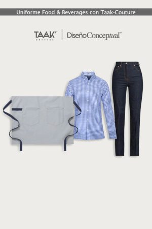 Uniformes Food & Beverages: Mandil Gris Perla, Blusa Azul con Cuadros y Pantalón Índigo en Taak-Couture