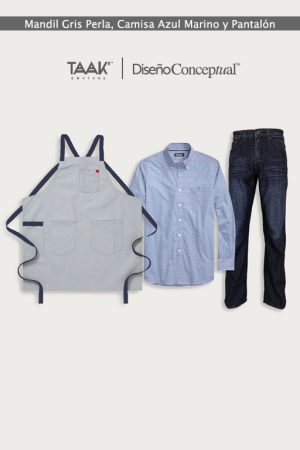 Uniformes Food & Beverages: Mandil Gris Perla, Camisa Azul Marino y Pantalón Índigo en Taak-Couture