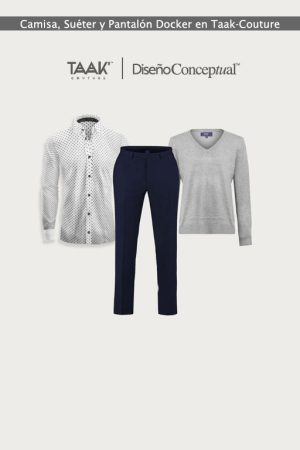 Uniformes para Front Office: Camisa Blanca, Suéter Negro y Pantalón Docker Azul Marino en Taak-Couture